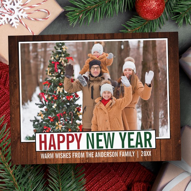 Modern Happy New Year Wood Photo Postcard (Customize to change your personalized text size or text style.)