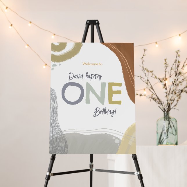 Modern Happy One Birthday Boy Party Welcome Sign (In Situ (Stand))