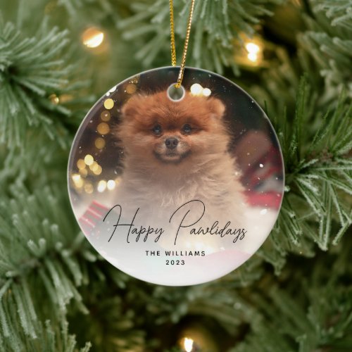 Modern Happy Pawlidays Dog Pet Photo Ceramic Ornament