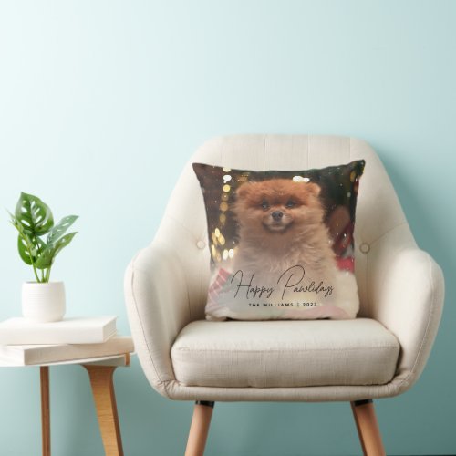 Modern Happy Pawlidays Dog Pet Photo Throw Pillow