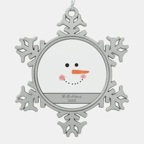 Modern Happy Snowman Face Family Name Custom Snowflake Pewter Christmas Ornament