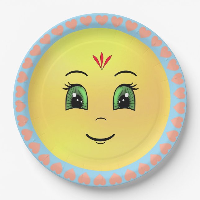 Modern Happy Sun Face & Hearts Paper Plates (Front)