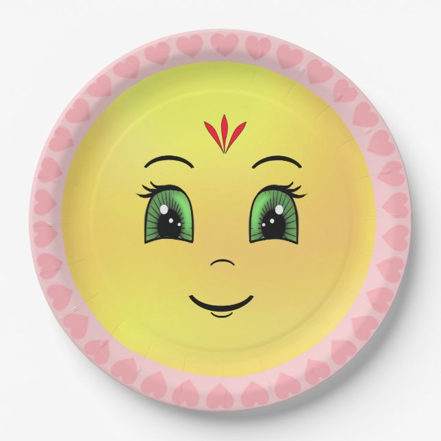 Modern Happy Sun Face & Hearts Paper Plates (Front)