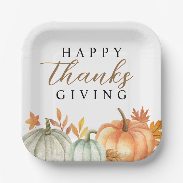 Modern Happy Thanksgiving | Fall Foliage Paper Plates (Front)