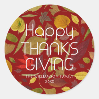 Modern Happy Thanksgiving Fall Leaves Favor Classic Round Sticker