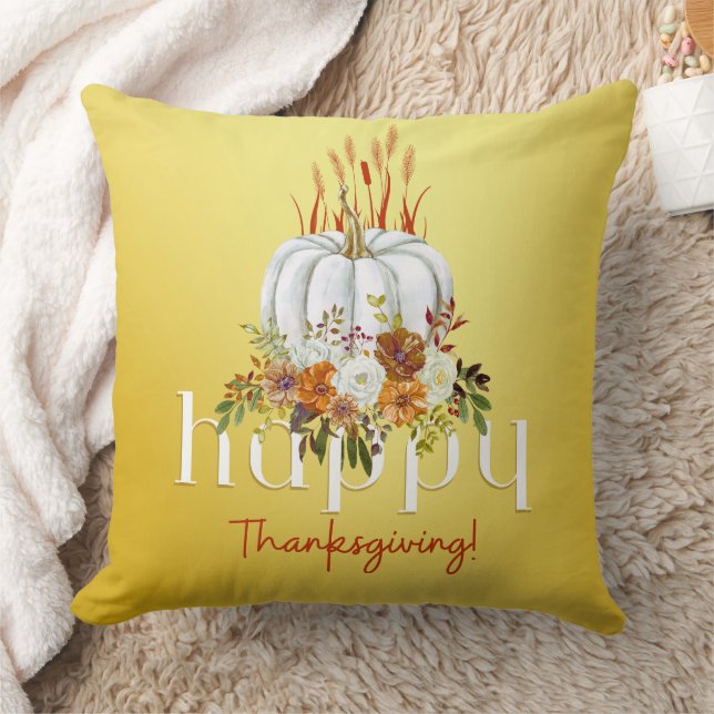 Modern Happy Thanksgiving Floral Pumpkin Yellow   Throw Pillow (Blanket)