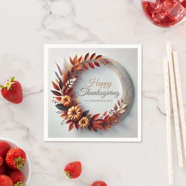 Modern Happy Thanksgiving Floral Wreath Custom  Napkins (Insitu)