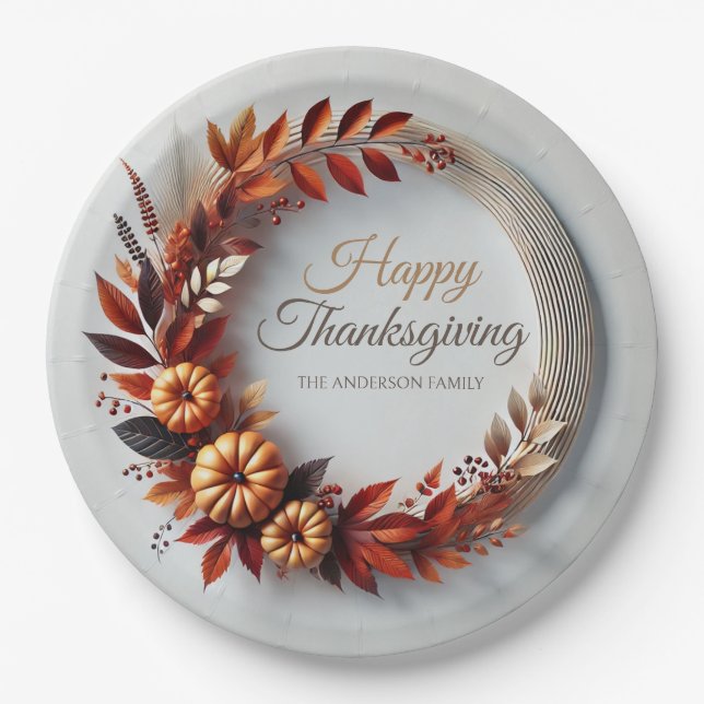 Modern Happy Thanksgiving Floral Wreath Custom  Paper Plates (Front)