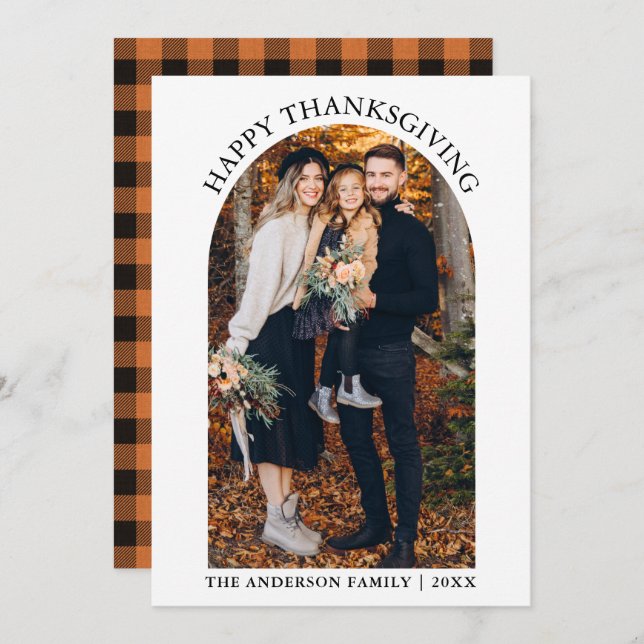 Modern Happy Thanksgiving Photo Arch Orange Plaid  Holiday Card (Front/Back)