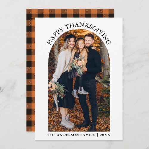 Modern Happy Thanksgiving Photo Arch Orange Plaid  Holiday Card