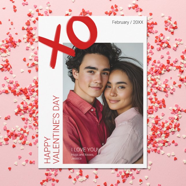 Modern Happy Valentines Day Xoxo Couple Photo  Holiday Card (Modern Photo Happy Valentines Day XO Anniversary Holiday Card)