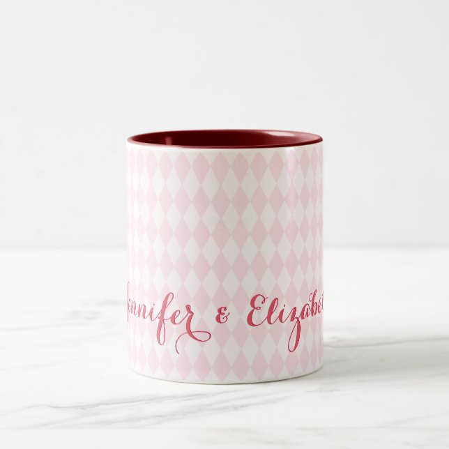Modern Harlequin Elegant Pink Custom Name Chic BFF Two-Tone Coffee Mug (Center)
