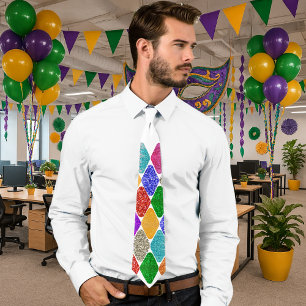Modern Harlequin Pattern Sparkly Mardi Gras Neck Tie