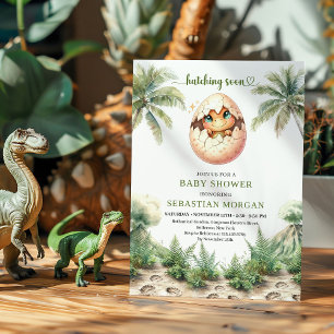 Modern hatching soon dinosaur baby shower design invitation