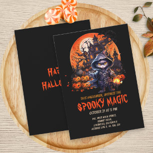 Modern Haunted House Black Cat Witch Halloween Invitation