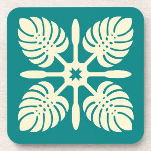 Modern Hawaiian Quilt Green Paddle Monstera Coaste Beverage Coaster