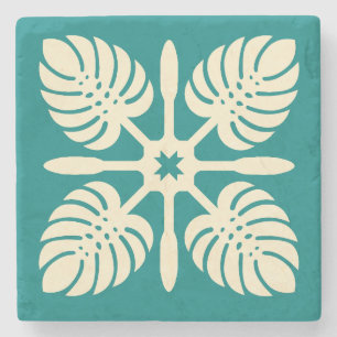 Modern Hawaiian Quilt Green Paddle Monstera Coaste Stone Coaster