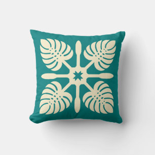 Modern Hawaiian Quilt Green Paddle Monstera Island Throw Pillow