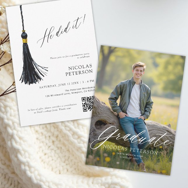 Modern He Did It High School College Graduation Announcement (graduation announcement party invitation photo modern calligraphy simple elegant tassel he did it)