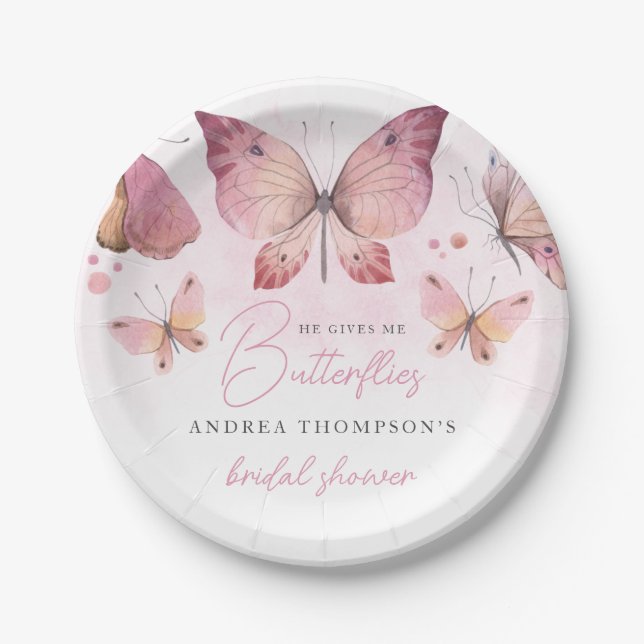 Modern He Gives Me Butterflies Bridal Shower Paper Plates (Front)
