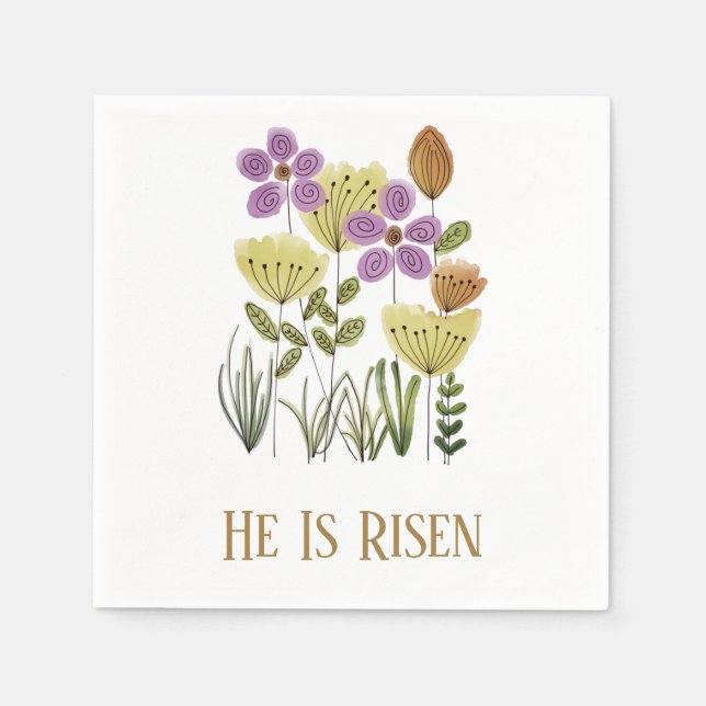 Modern He Is Risen Easter Floral Napkins (Front)