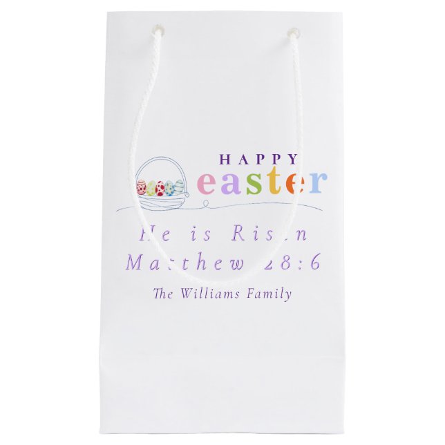 Modern He Is Risen Pastel Happy Easter Egg Basket Small Gift Bag (Front)