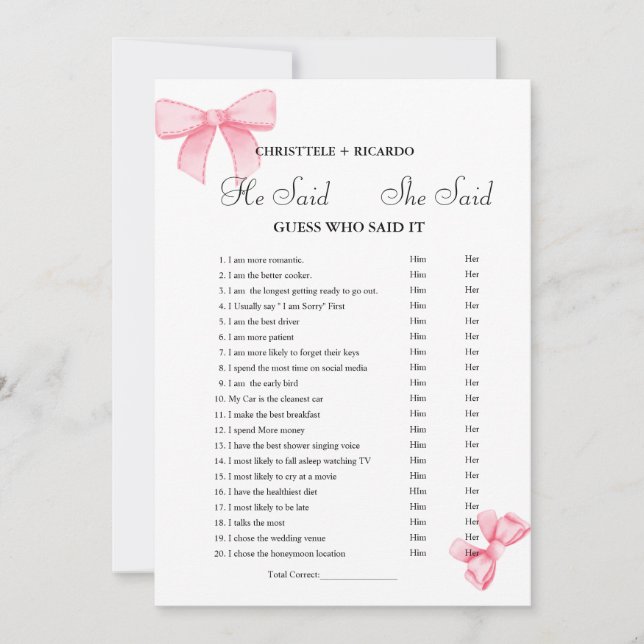 Modern He said she said Bridal shower game card (Front)
