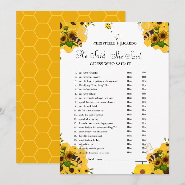 Modern He said she said Bridal shower game card (Front/Back)