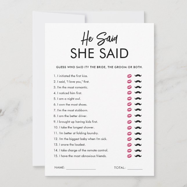 Modern He Said She Said Bridal Shower Game Card (Front)