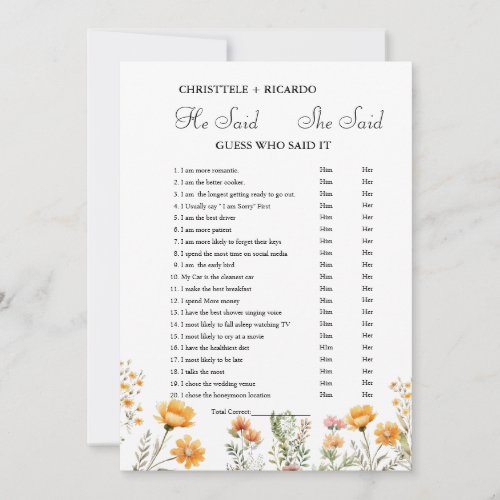 Modern He said she said Bridal shower game card