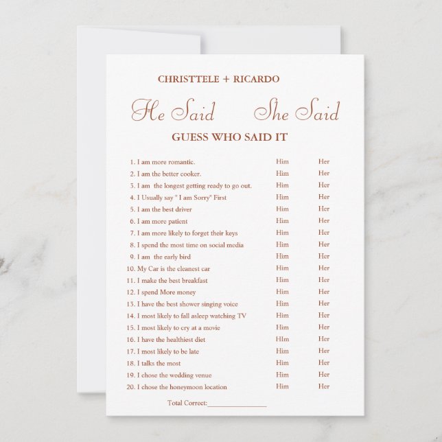 Modern He said she said Bridal shower game card (Front)