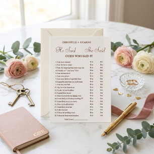Modern He said she said Bridal shower game card