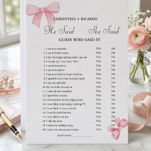 Modern He said she said Bridal shower game card