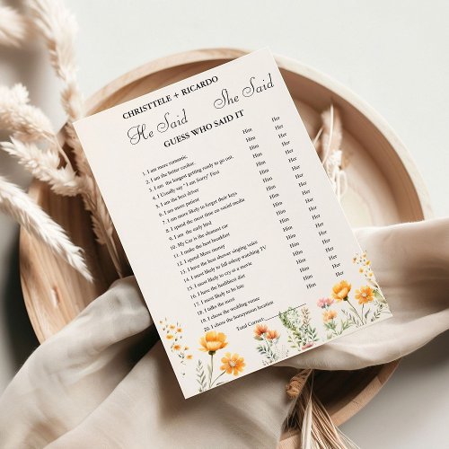 Modern He said she said Bridal shower game card