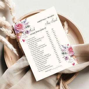 Modern He said she said Bridal shower game card