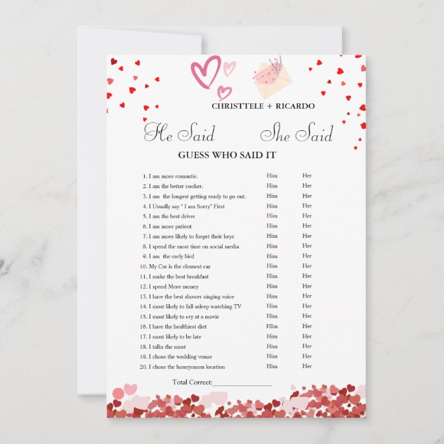 Modern He said she said Bridal shower game card (Front)