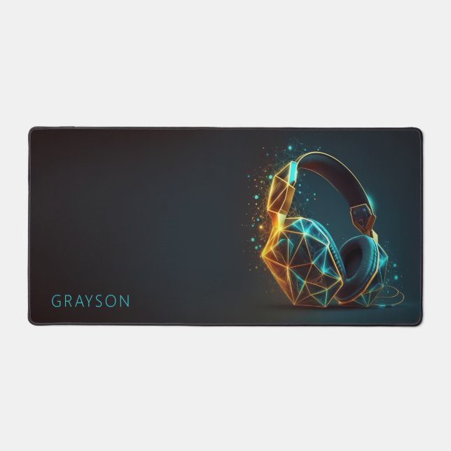 Modern Headphones Gamer Digital Personalized Name Desk Mat (Front)