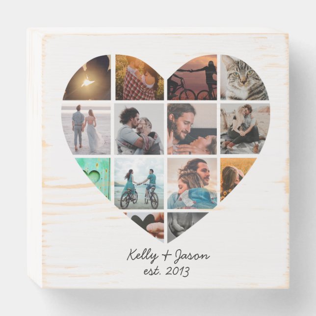 Modern Heart 14 Photo Collage Love Family Wooden Box Sign (Front Horizontal)