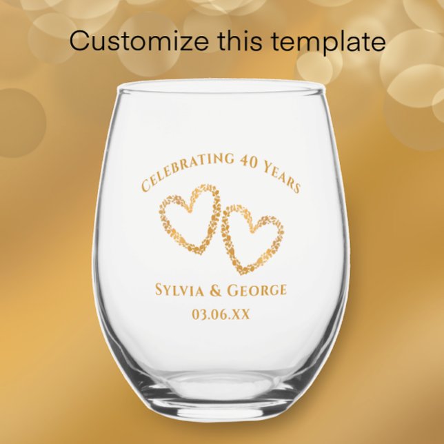 Modern Heart 40th Wedding Anniversary Personalized Stemless Wine Glass (Add couple’s names and anniversary date for a beautiful keepsake 40th anniversary glass gift. )