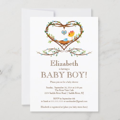 Modern Heart baby bird Boys Baby Shower Personalized Invitations