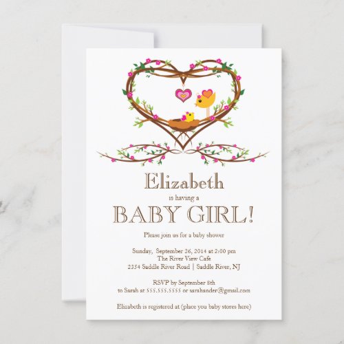 Modern Heart baby bird Girls Baby Shower Invites