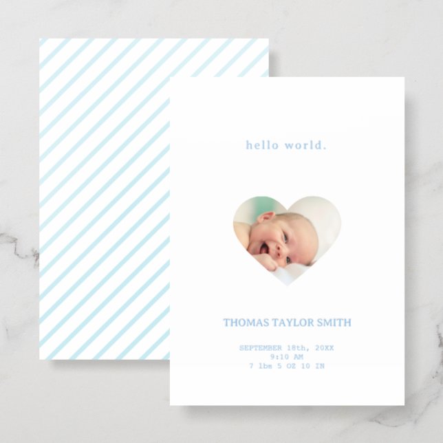 Modern Heart Baby Boy Photo Birth Announcement (Front/Back)