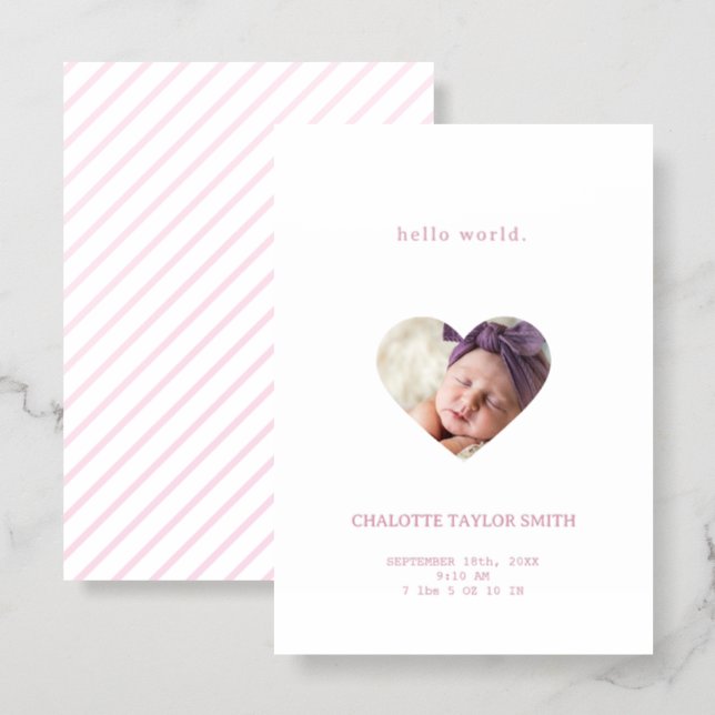 Modern Heart Baby Photo Birth Announcement Girl (Front/Back)