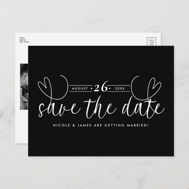 Modern Heart Black & White Chic Save the Date Announcement Postcard (Front/Back)