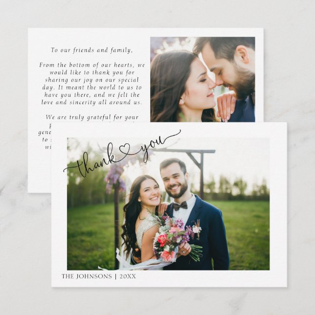 Modern Heart Calligraphy 2 Photo Wedding Thank You (Front/Back)