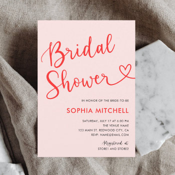 Modern Heart Calligraphy Bridal Shower Pink Red Invitation by CrispinStore at Zazzle