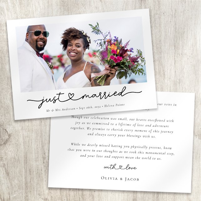 Modern Heart Calligraphy Just Married Photo Announcement (Creator Uploaded)