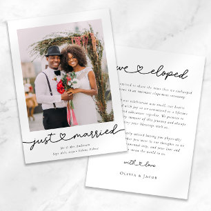 Modern Heart Calligraphy Just Married Photo Announcement