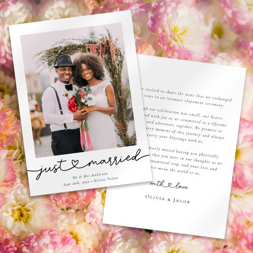 Modern Heart Calligraphy Just Married Photo Announcement
