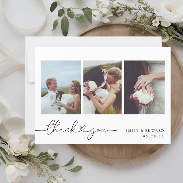 Modern Heart Calligraphy Photo Collage Wedding Thank You Card | Zazzle